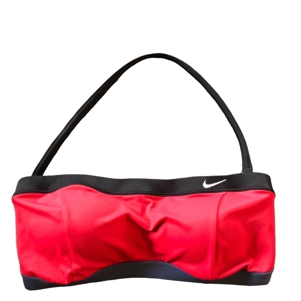 Nike Swim Bandeau Top Sz. 10 Built in Bra Red Navy Swoosh Logo Summer Pool Beach
